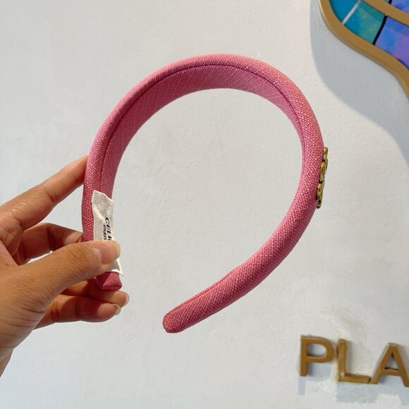 Celine Pink Padded Headband with Gold Triomphe Emblem